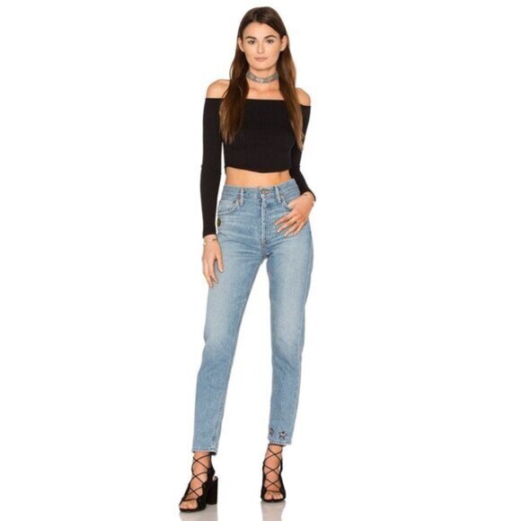 Revolve LNA Off the Shoulders Cropped Top Ribbed Knit Long Sleeve Black Small - Picture 5 of 16